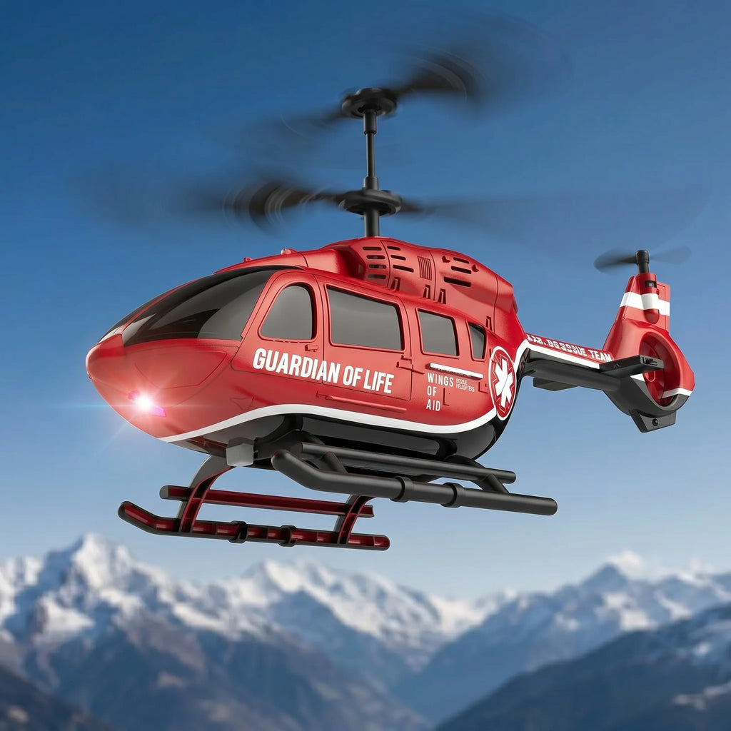 Red RC helicopter with 'Guardian of Life' text flying against a blue sky with mountains in the background