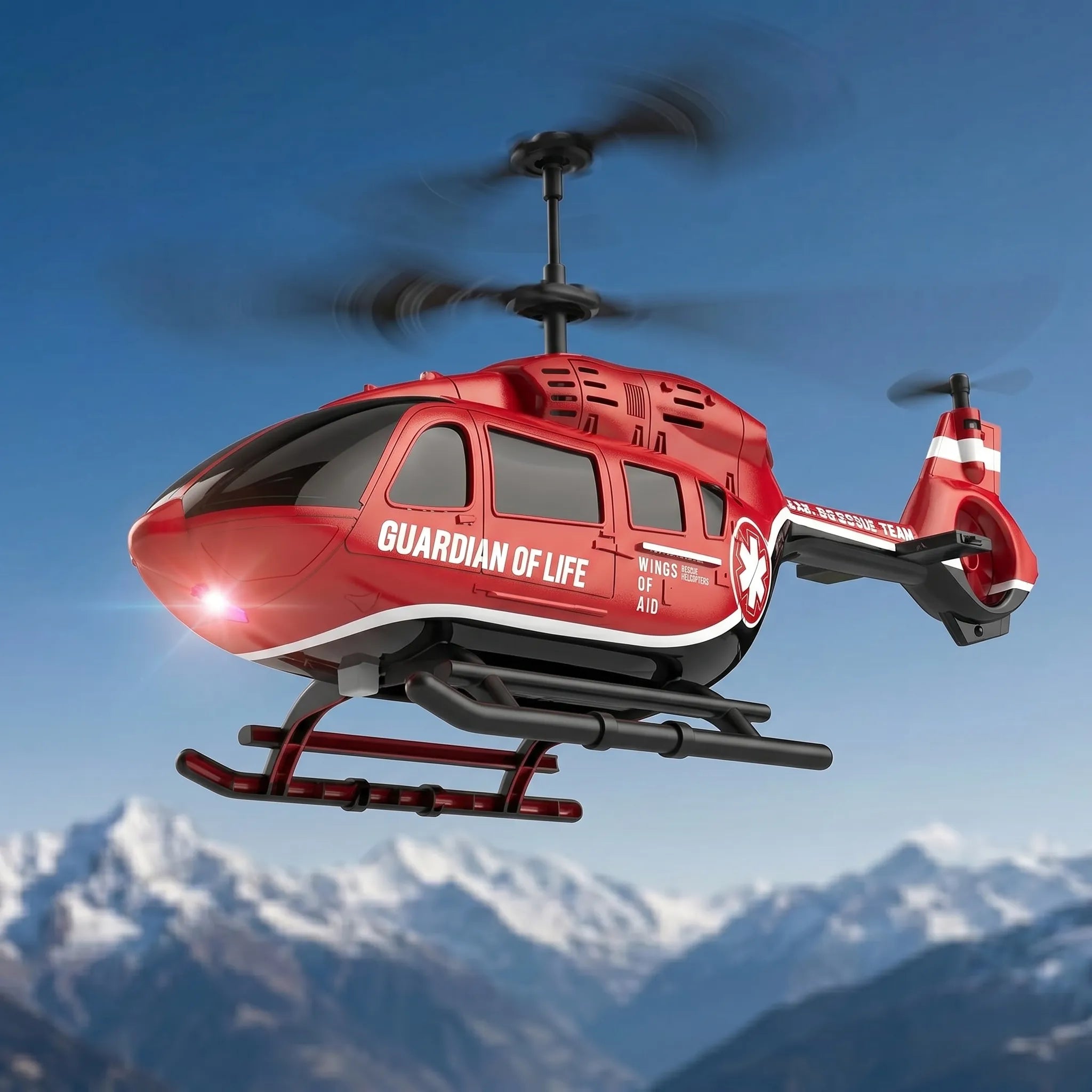 Red RC helicopter with 'Guardian of Life' text flying against a blue sky with mountains in the background