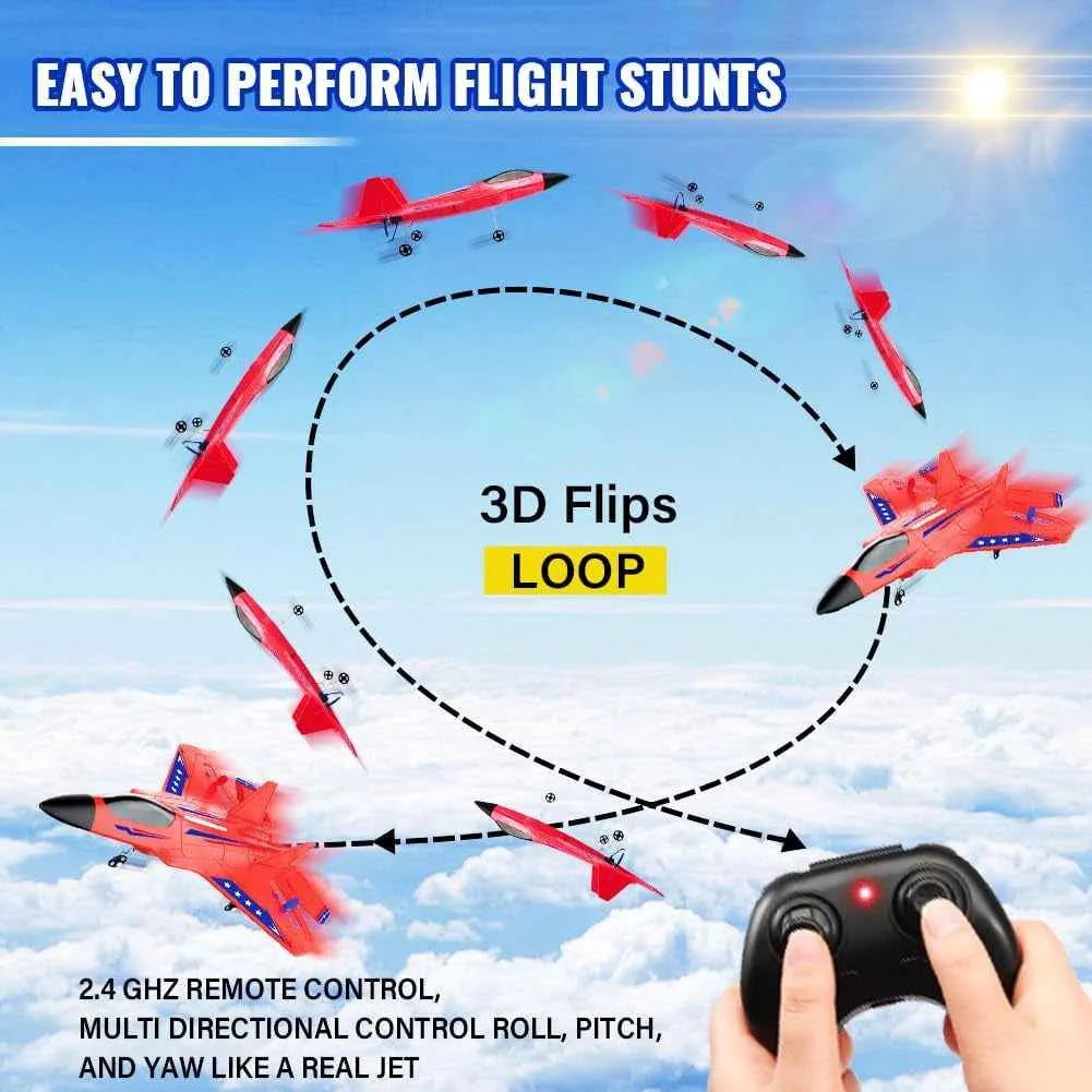 Red RC jet plane performing stunts with a remote control in the foreground against a blue sky.