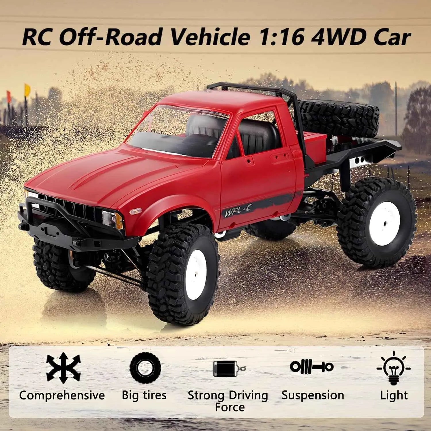 Red RC off-road crawler with large tires on a dirt road background
