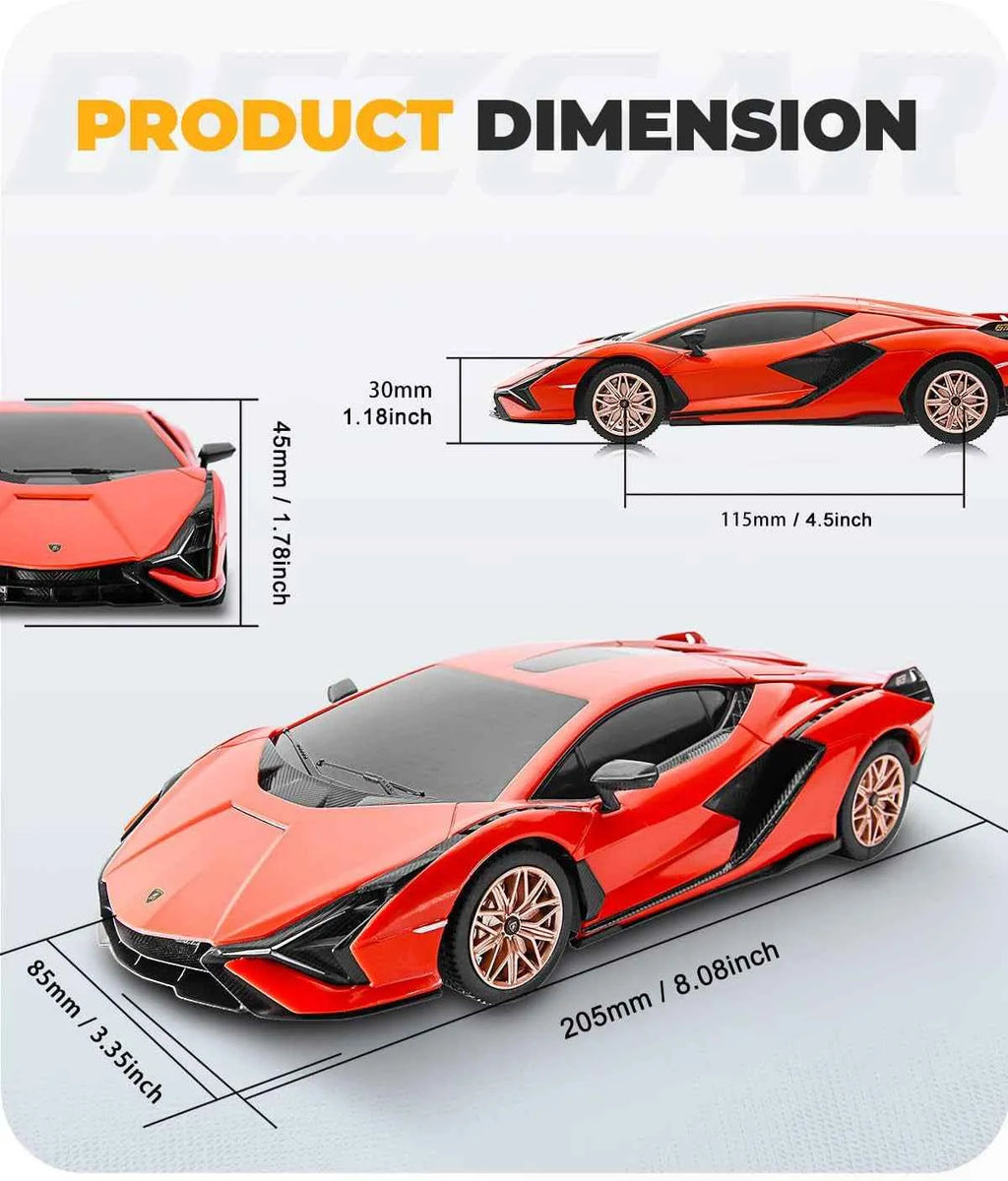 Red RC sports car model with dimensions on a white background