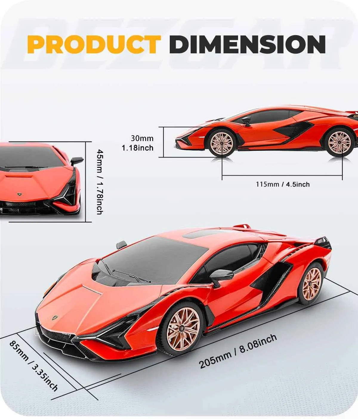 Red RC sports car model with dimensions on a white background