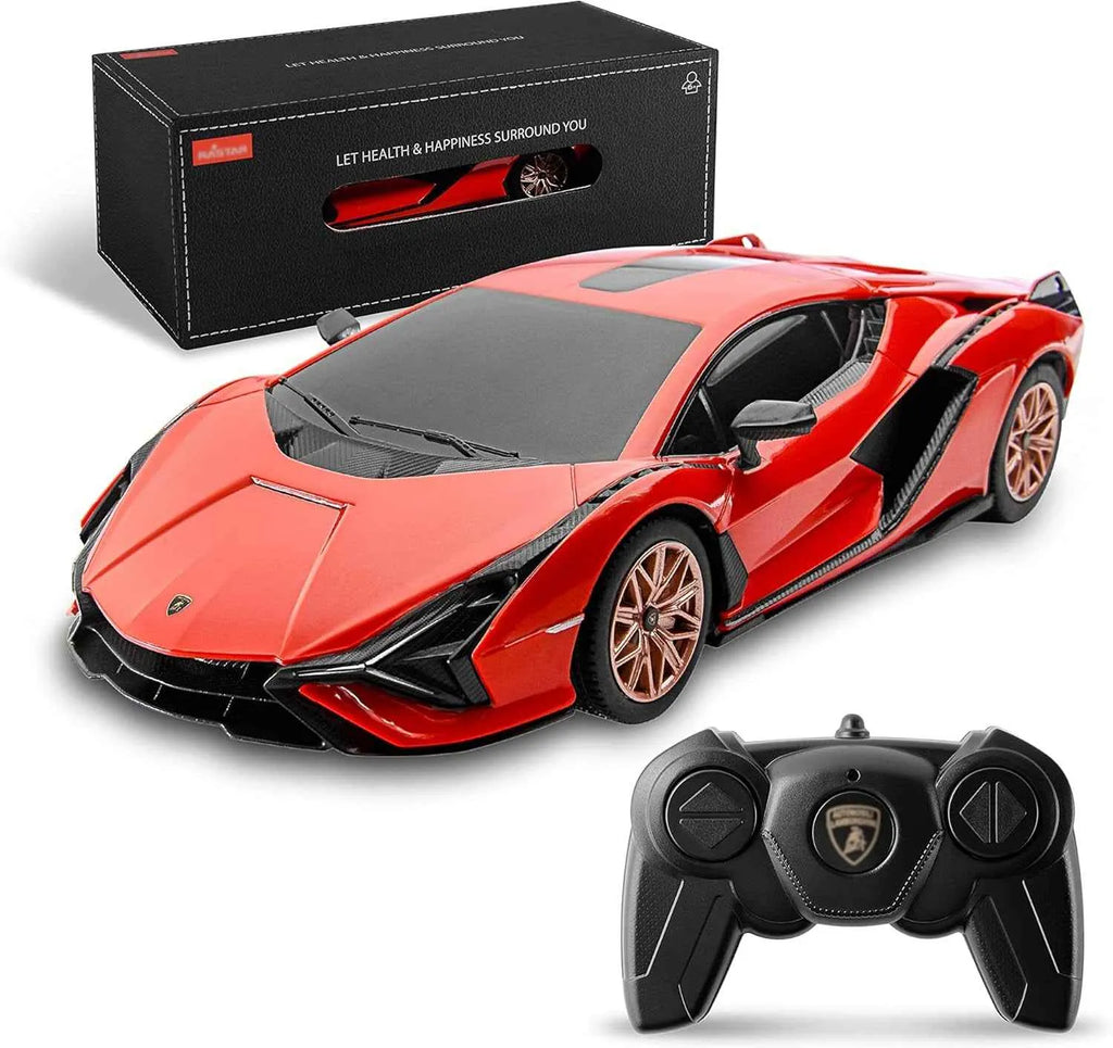 Red RC sports car with black remote control and packaging on a white background