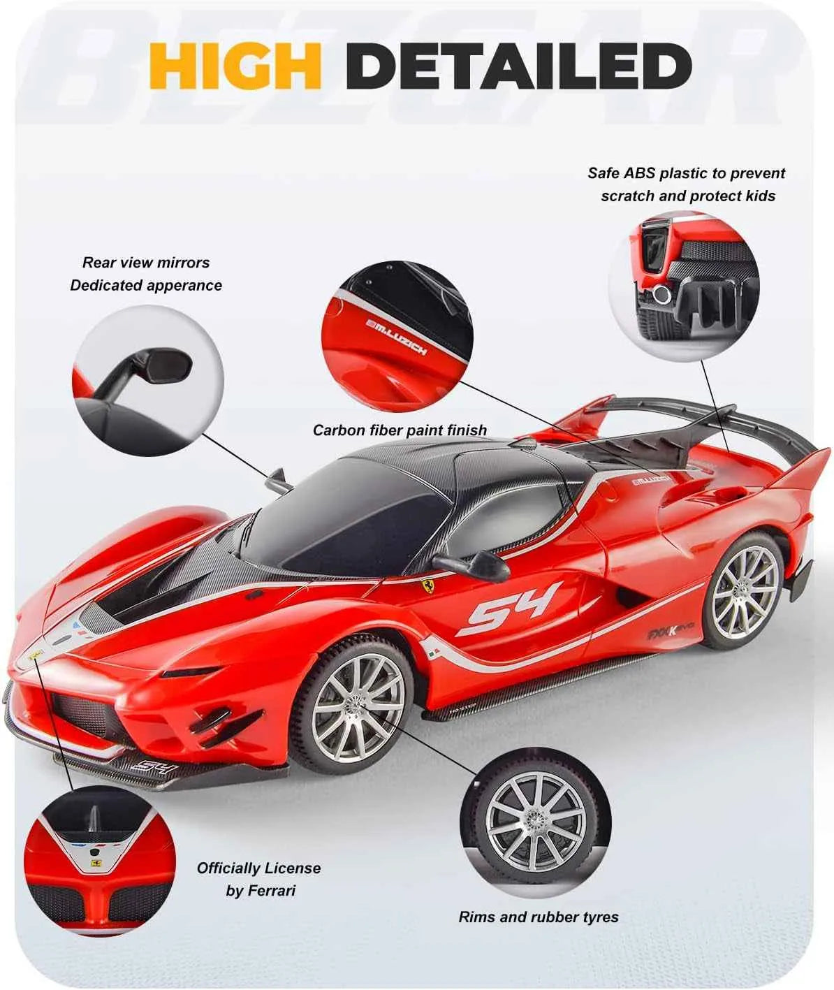 Red RC sports car with features highlighted on a white background