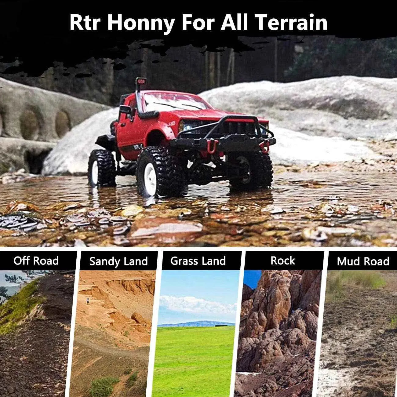 Red remote-controlled crawler on a rocky terrain with various terrains shown below.