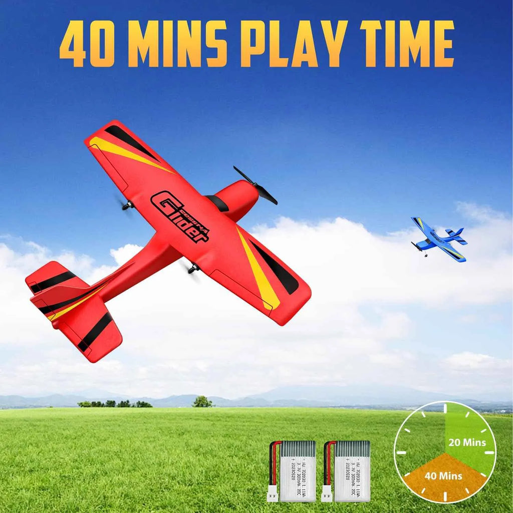 Red remote control airplane flying in the sky with a blue airplane in the background, on a grassy field.