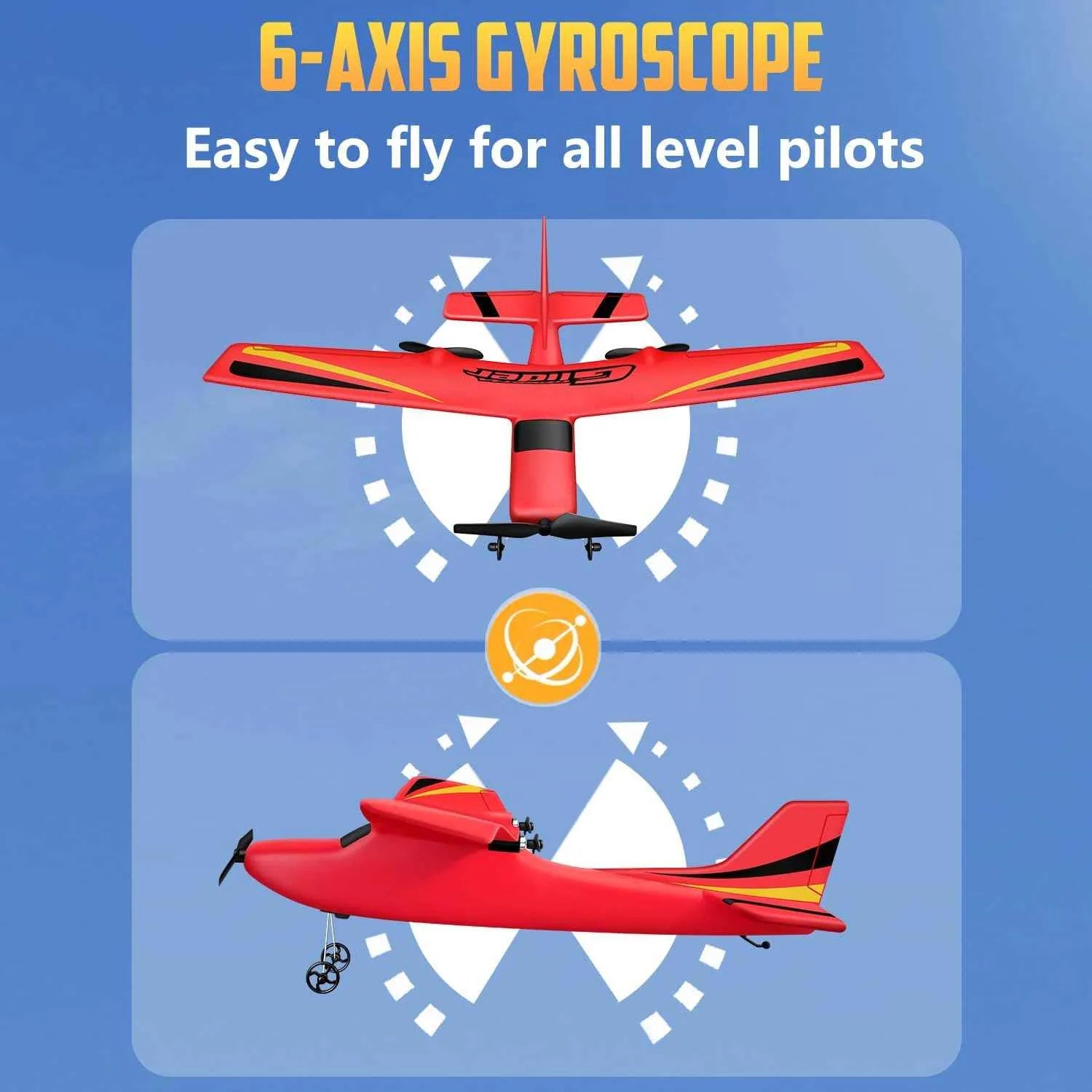 Red remote control airplane with 6-axis gyroscope on a blue background