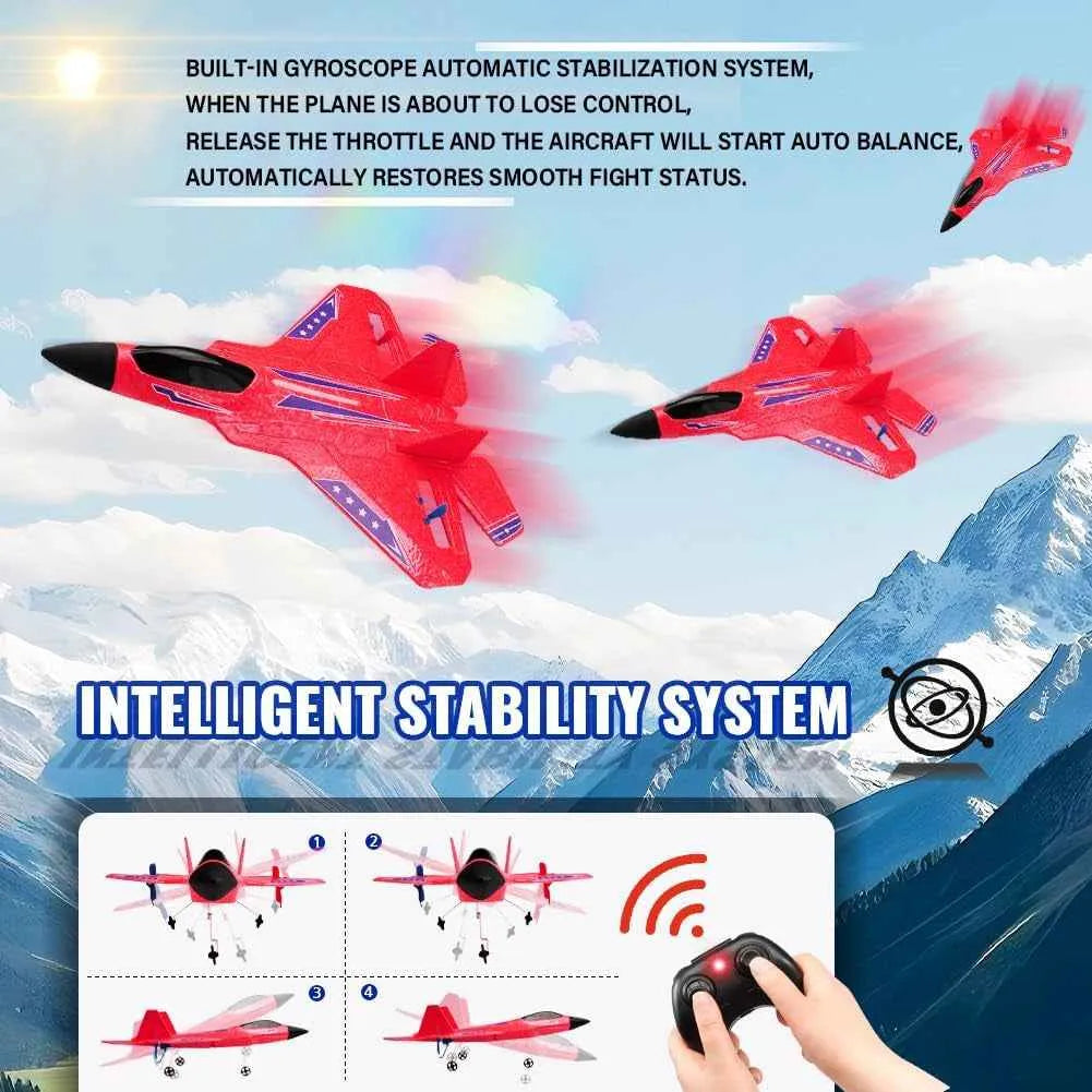 Red remote control airplane with built-in gyroscope stabilization system against a mountainous background.