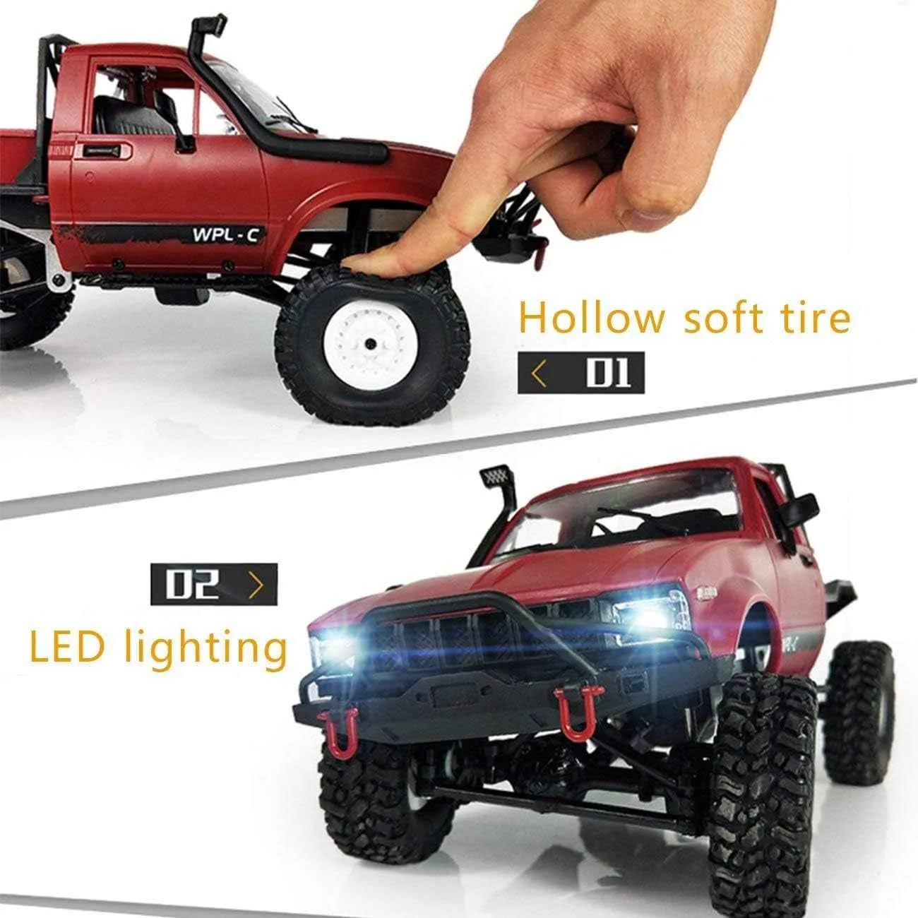 Red remote control crawler with a hand pressing tire, highlighting hollow soft tires and LED lighting.