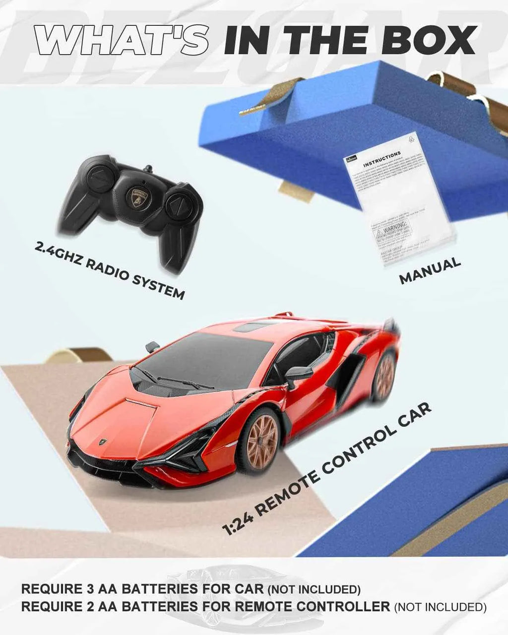 Red remote control sports car with 2.4GHz radio system, blue box, and manual on a white background.