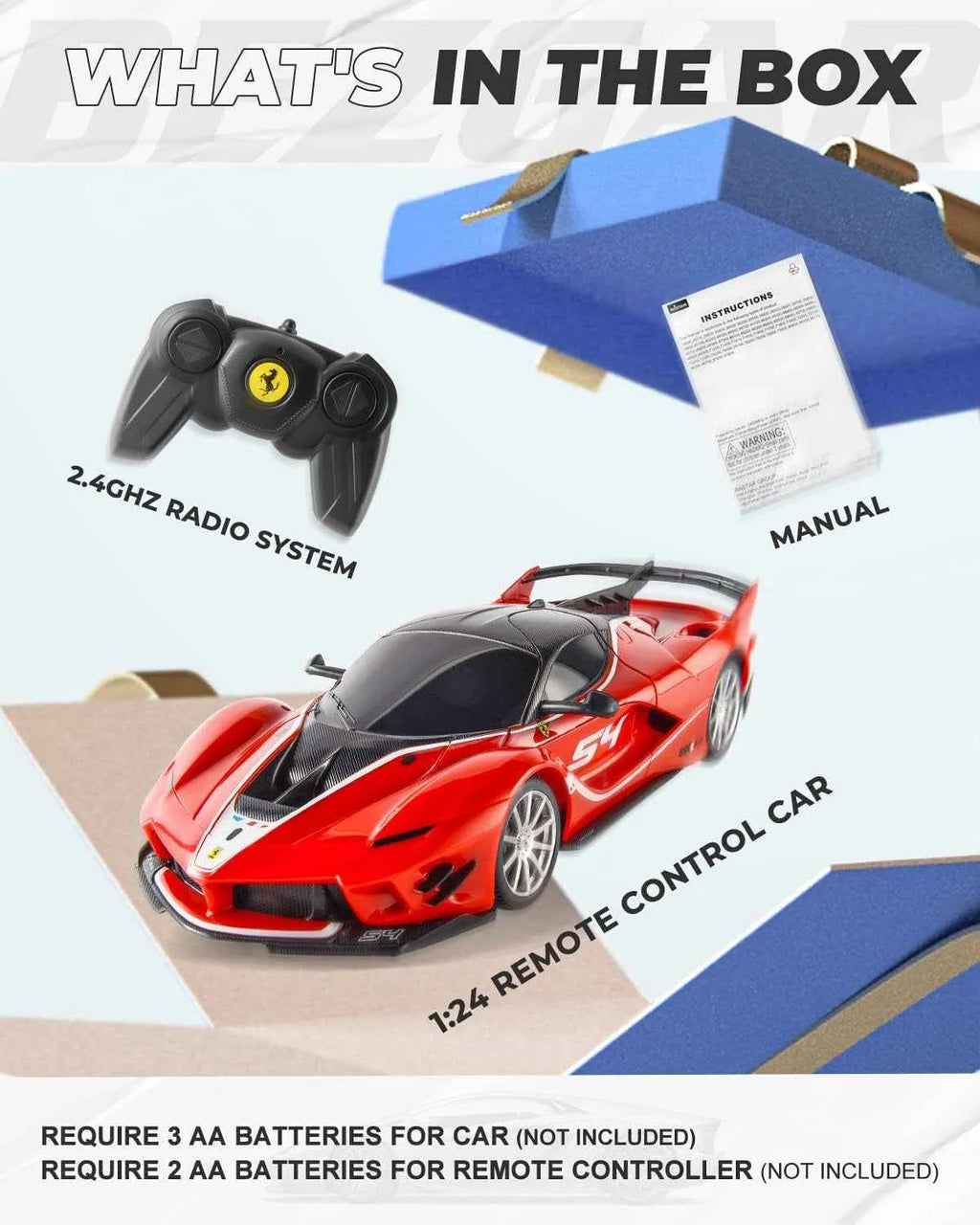 Red remote control sports car with 2.4GHz radio system and manual in a box