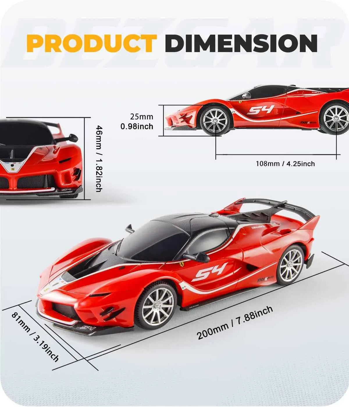 Red sports car model with dimensions labeled on a white background