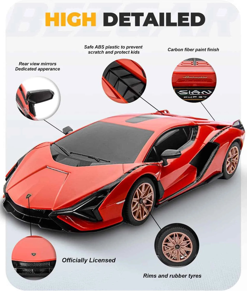 Red sports car with features highlighted on a white background
