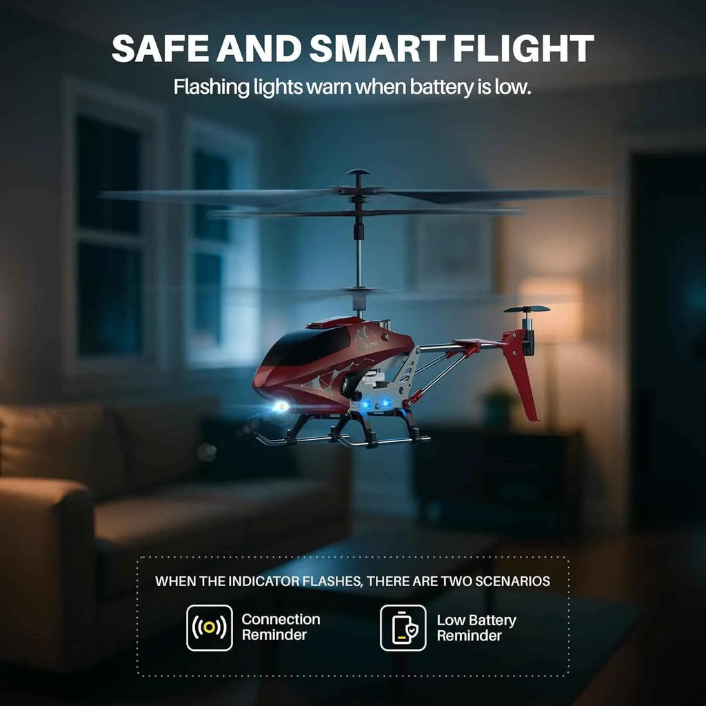 Red toy RC helicopter with safety features in a living room setting