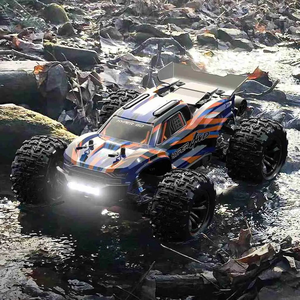 Remote-controlled monster truck on a rocky terrain