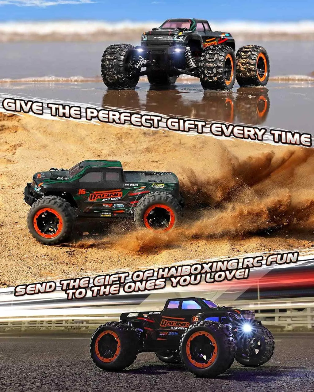 Remote-controlled monster truck on a beach with text overlay.