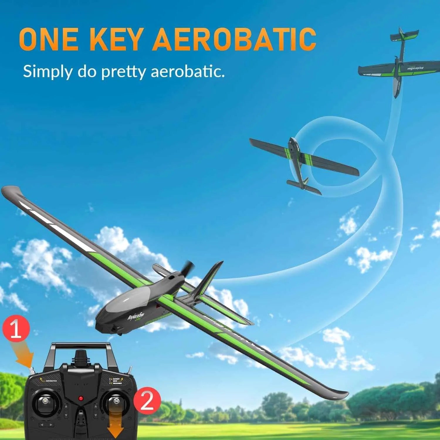 Remote control airplane performing aerobatics with a clear blue sky background