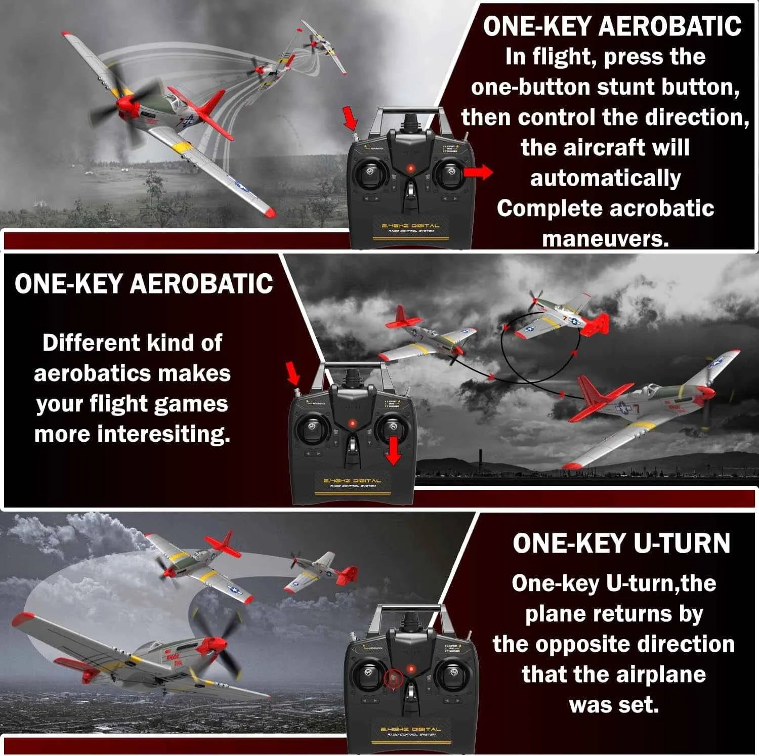 Remote control airplane with one-key aerobatic features and controller on a dark background.