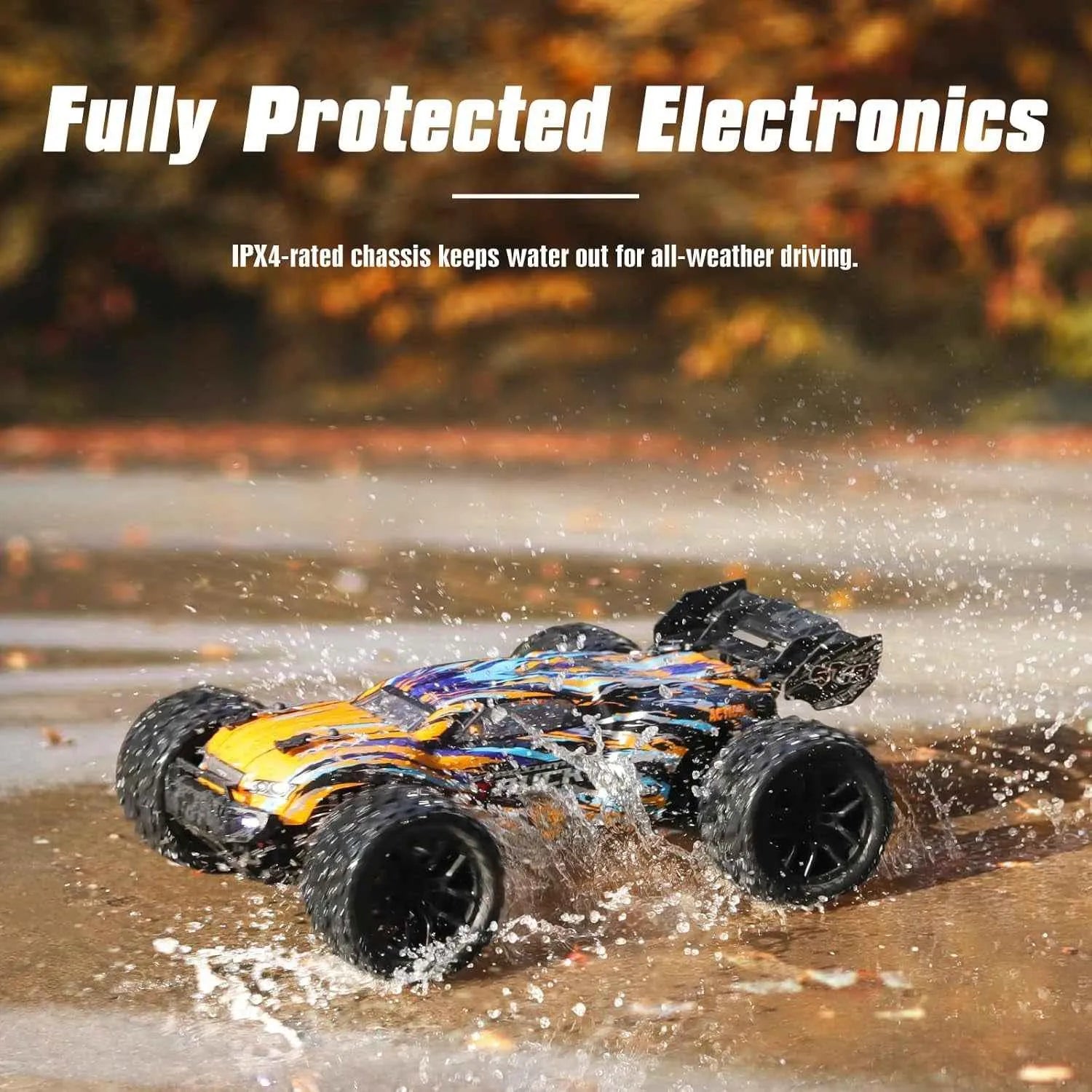 Remote control buggy driving through water with text about fully protected electronics.