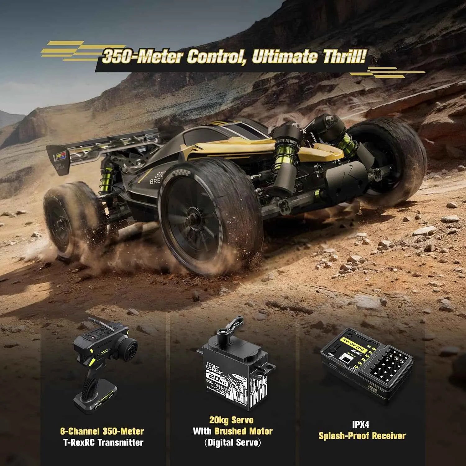 Remote control buggy on a rocky terrain with accessories displayed below.