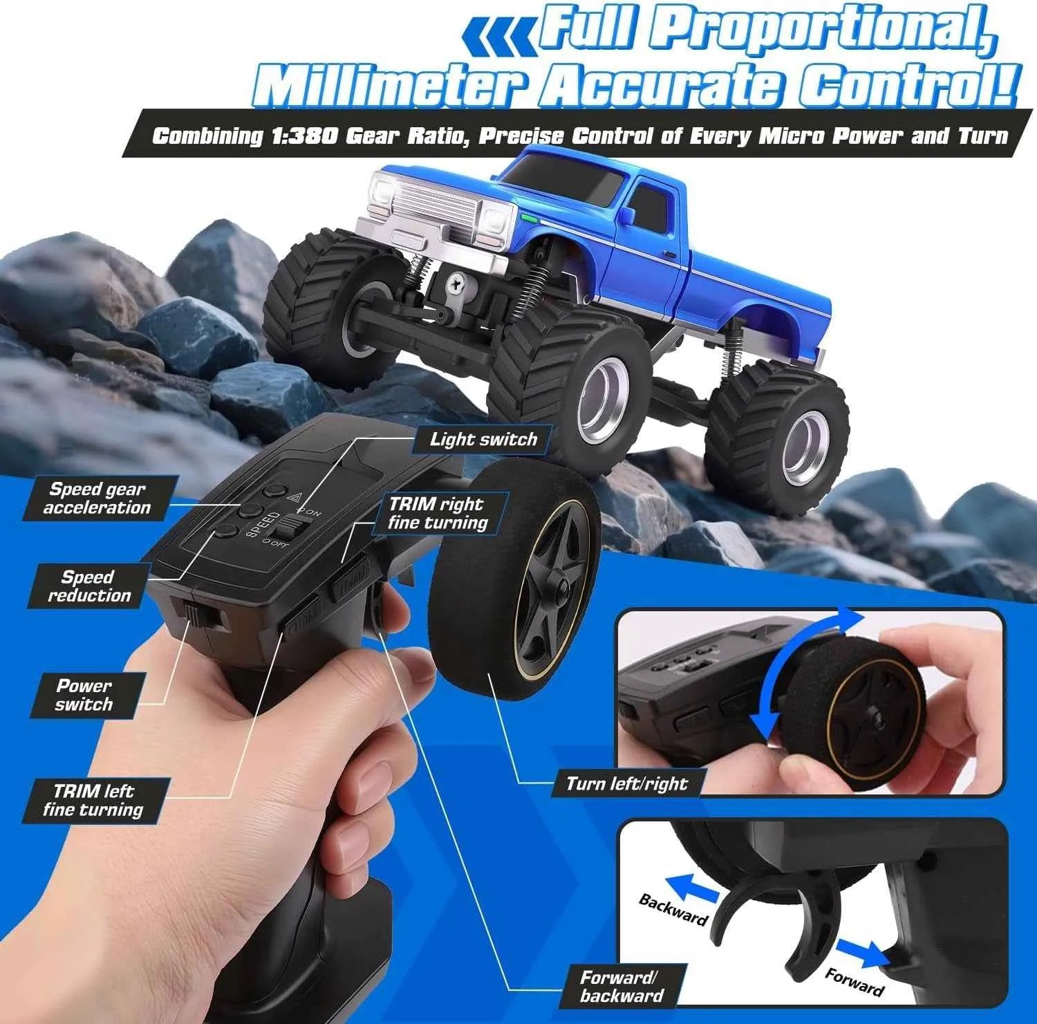 Remote control crawler on rocks with detailed controls and specifications.