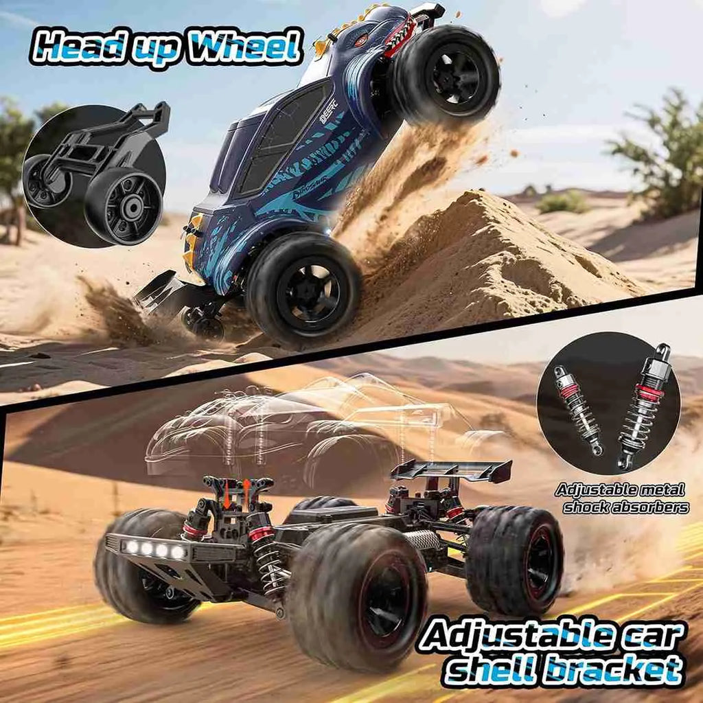 Remote control dinosaur monster truck with adjustable shell bracket and metal shock absorbers in a desert setting.