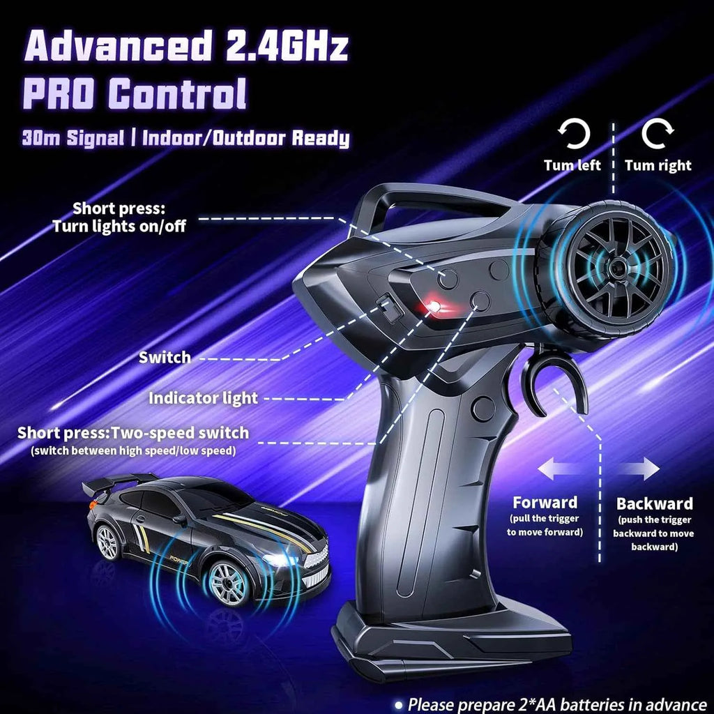 Remote control drift car transmitter with features highlighted on a dark background