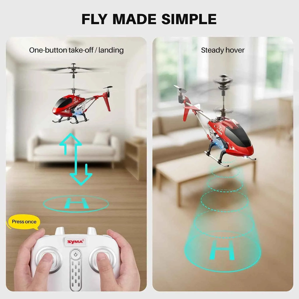 Remote control helicopter with 'Fly Made Simple' text, showing take-off, landing, and hovering features.