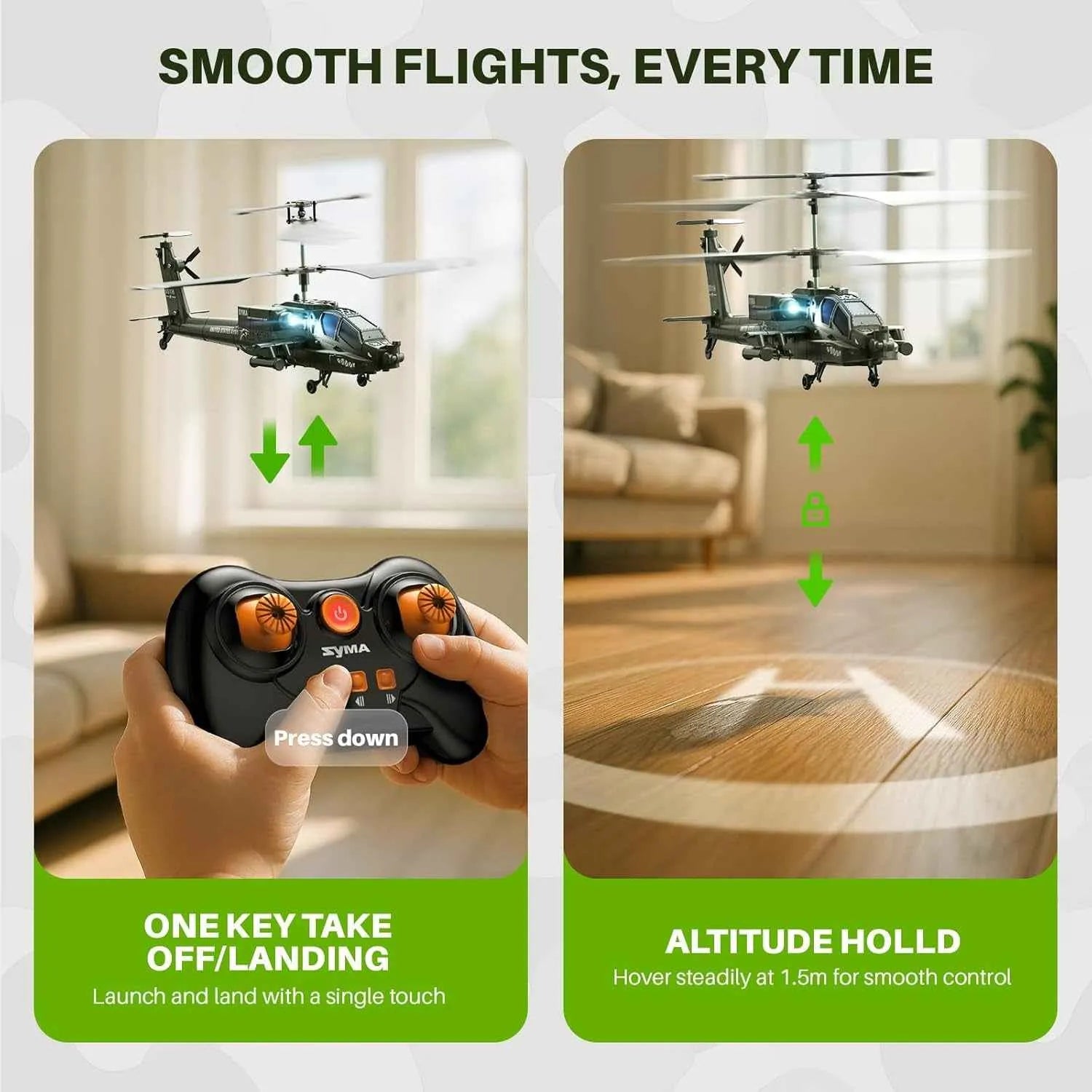 Remote control helicopter with controller in a living room setting, highlighting features like one-key takeoff/landing and altitude hold.