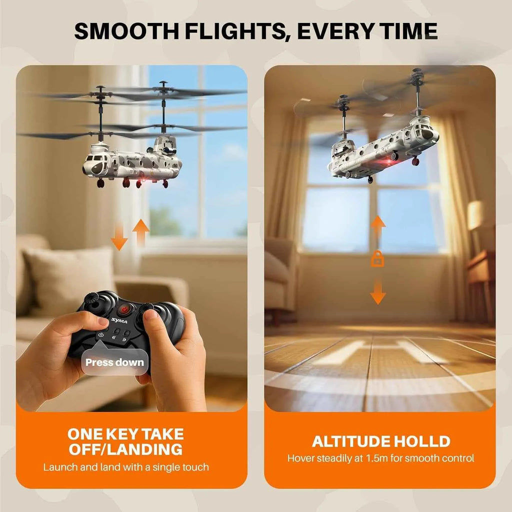 Remote control helicopter with controller in a living room setting, highlighting features like one-key takeoff/landing and altitude hold.