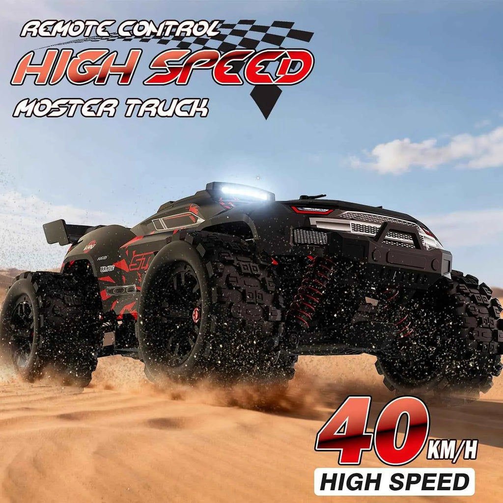 Remote control high speed monster truck on a desert background with text indicating speed and features.