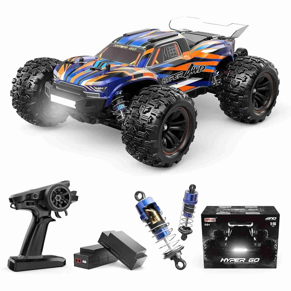 Remote control monster truck blue and orange with accessories on a white background