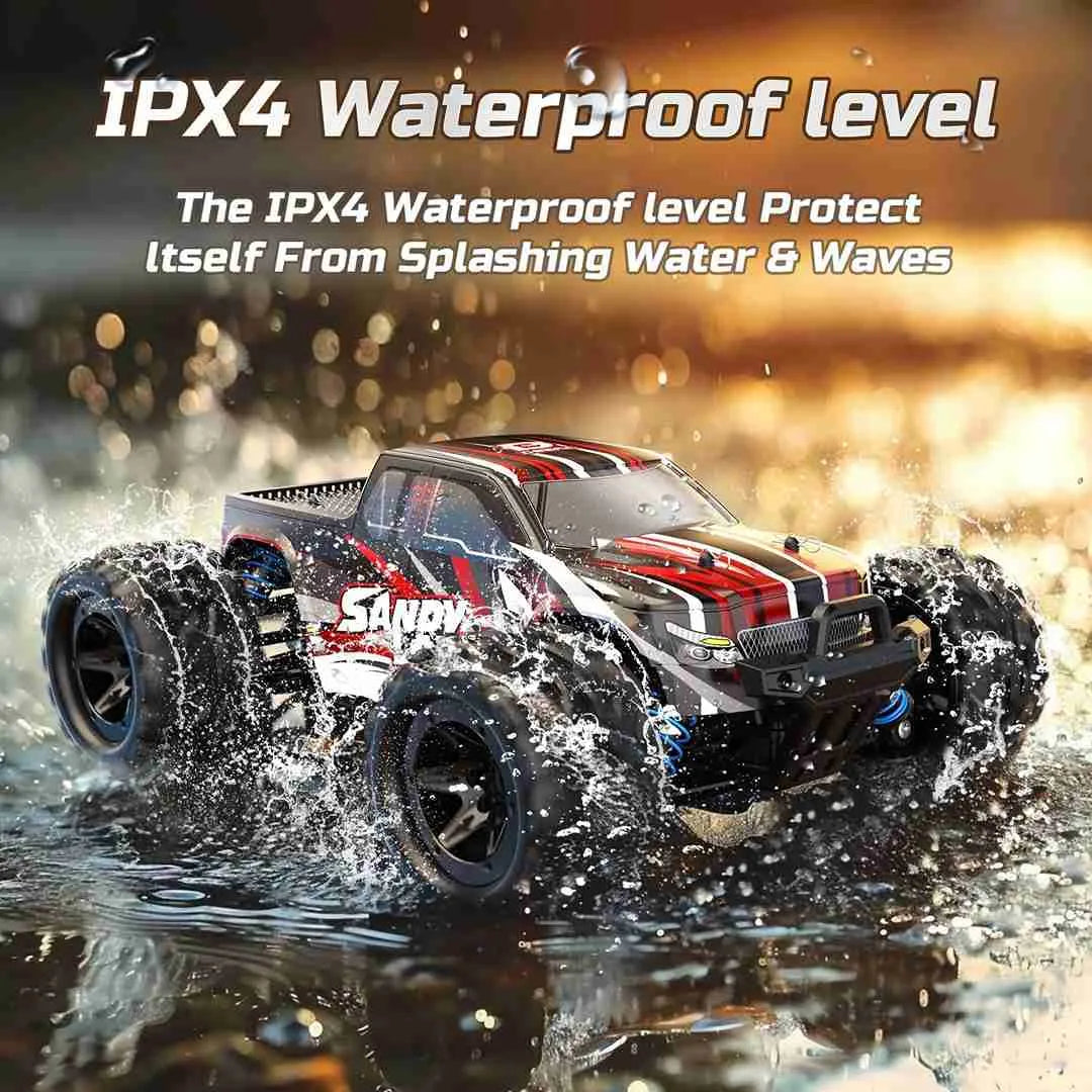 Remote control monster truck with IPX4 waterproof level feature splashing through water.