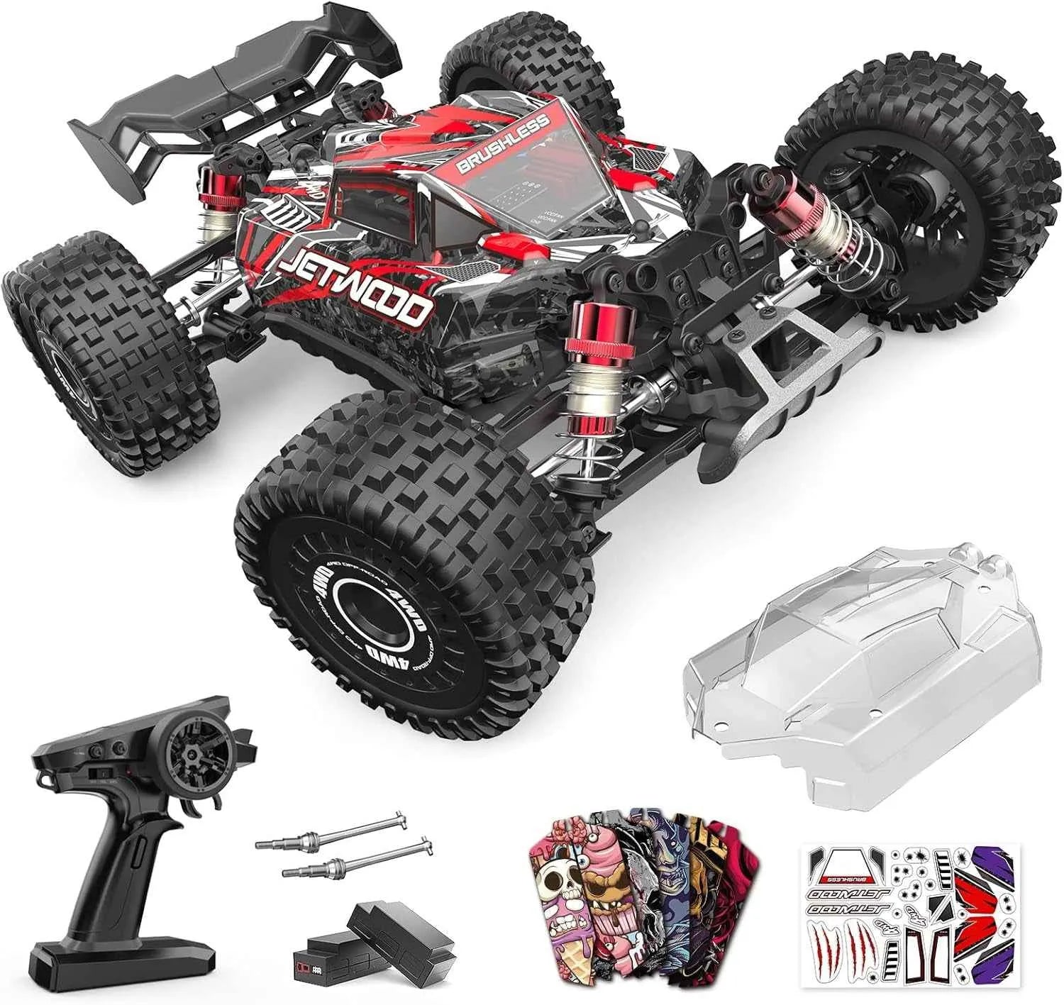 Remote control monster truck with accessories on a white background