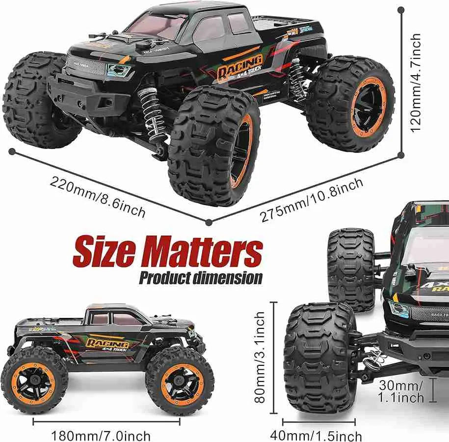 Remote control monster truck with dimensions labeled on a white background