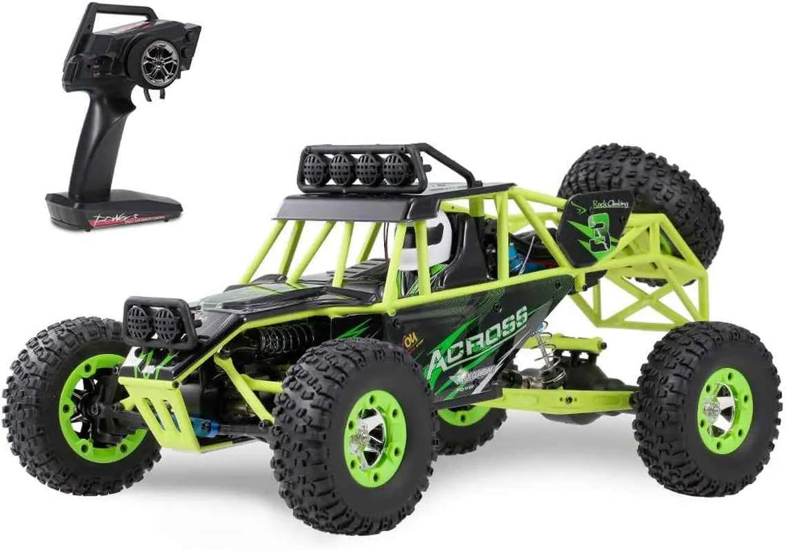 Remote control RC crawler with green and black color scheme on a white background