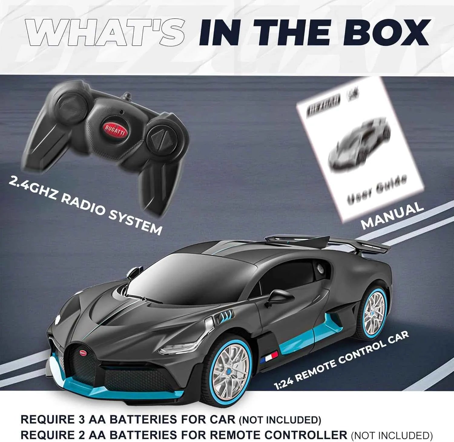 Remote control sports car with 2.4GHz radio system and user manual on a road background