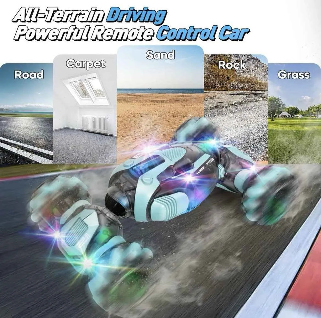 Remote control stunt car with colorful lights on a road, carpet, sand, rock, and grass surface.