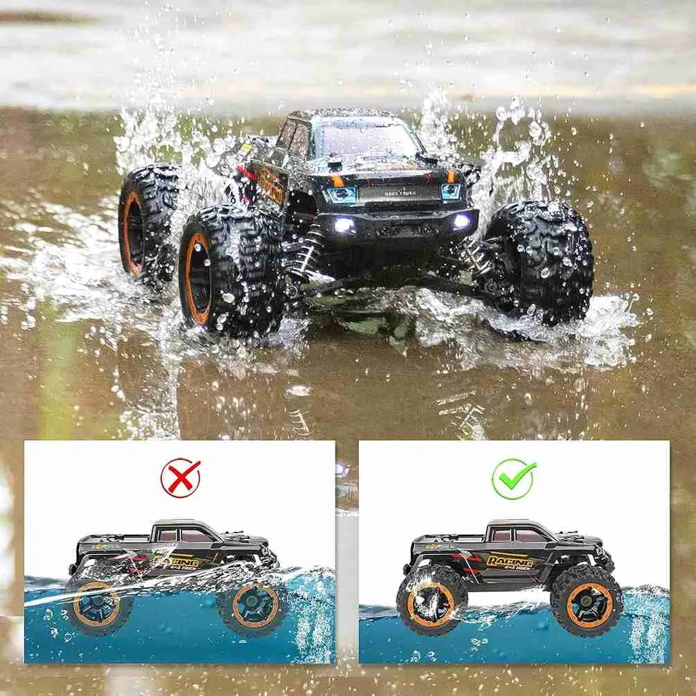 Remote control truck splashing through water with correct and incorrect wheel placement shown below.