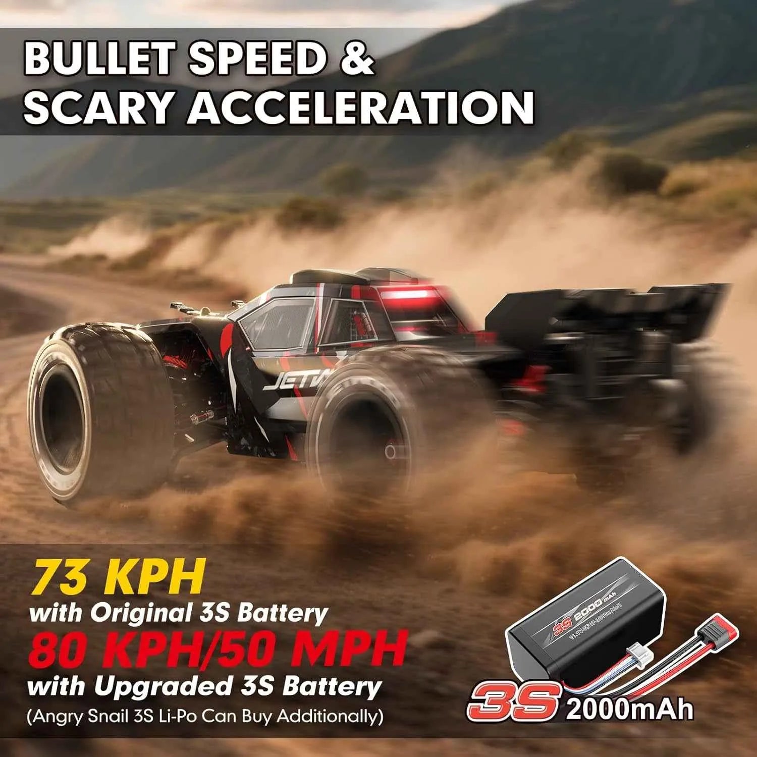 Remote control truggy racing on a dirt track with text about speed and battery upgrades.