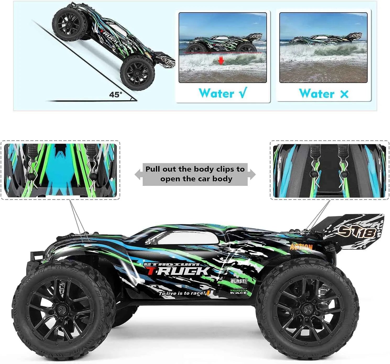 Remote control truggy with water resistance feature and assembly instructions.