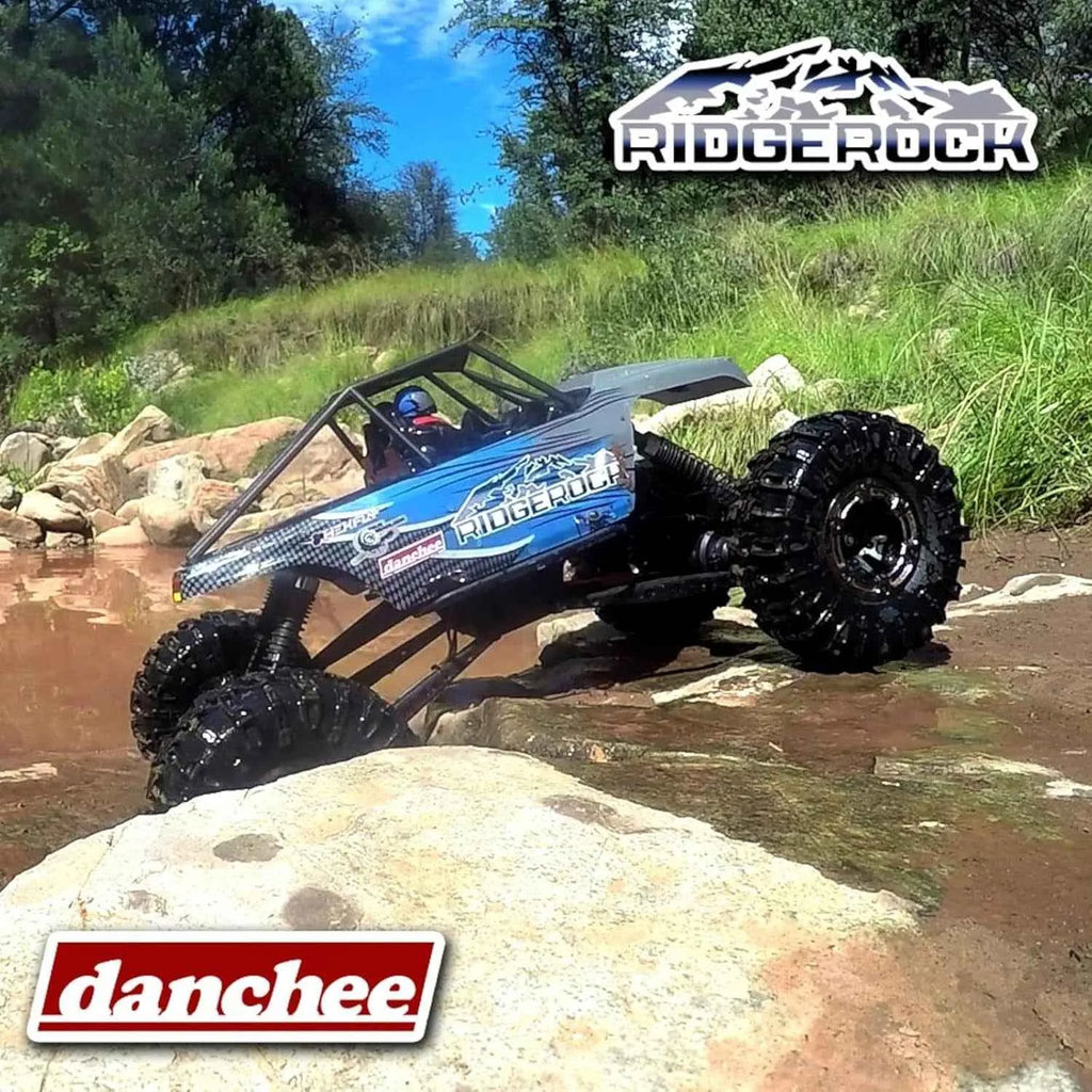 Ridgerock RC crawler on a rocky terrain with Danchee branding.