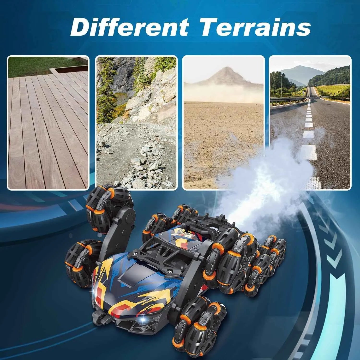 Robotic stunt vehicle on a blue background with 'Different Terrains' text and images of various surfaces.