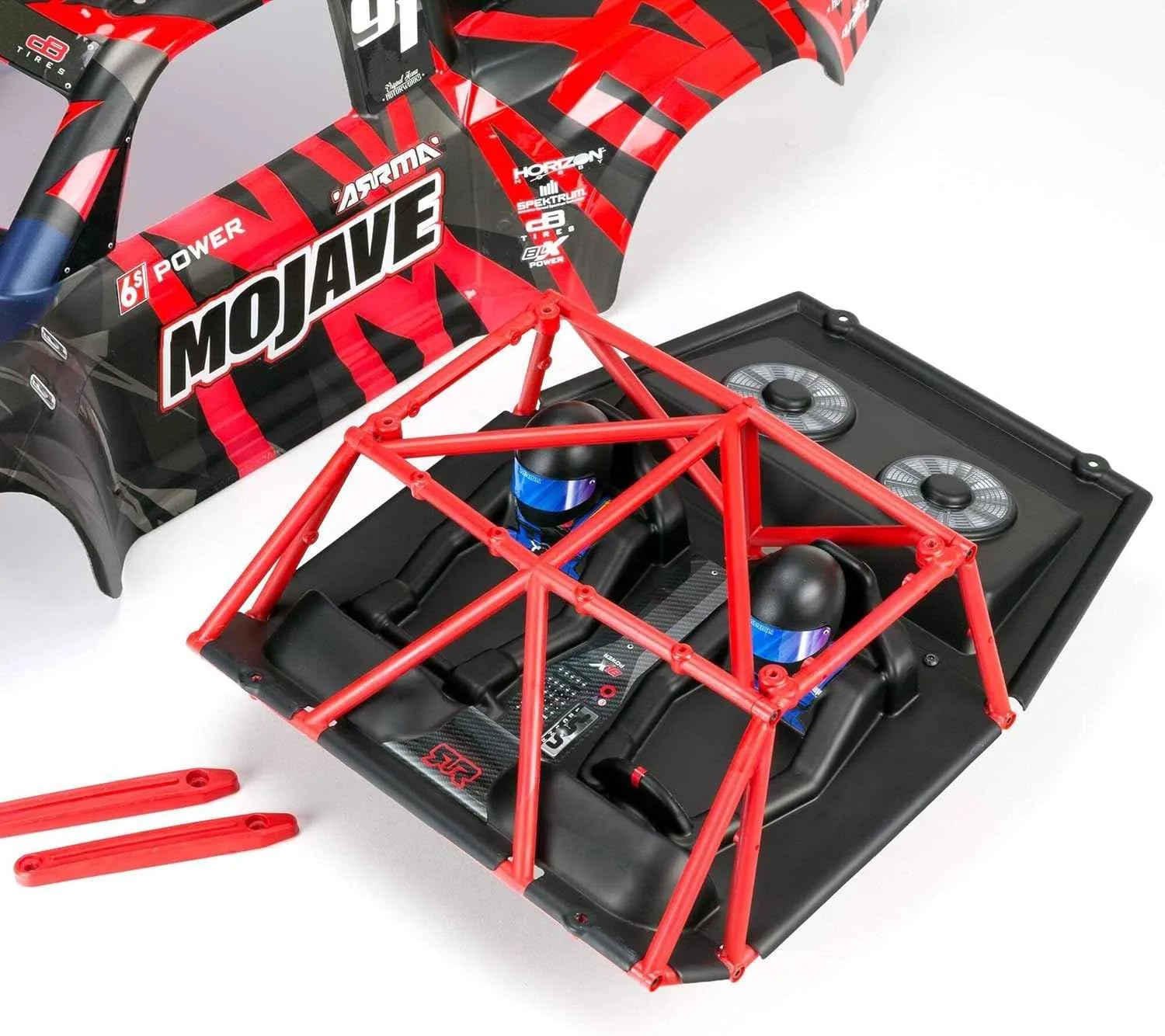 short course rc truck chassis with red frame and 'Mojave' branding on a white background