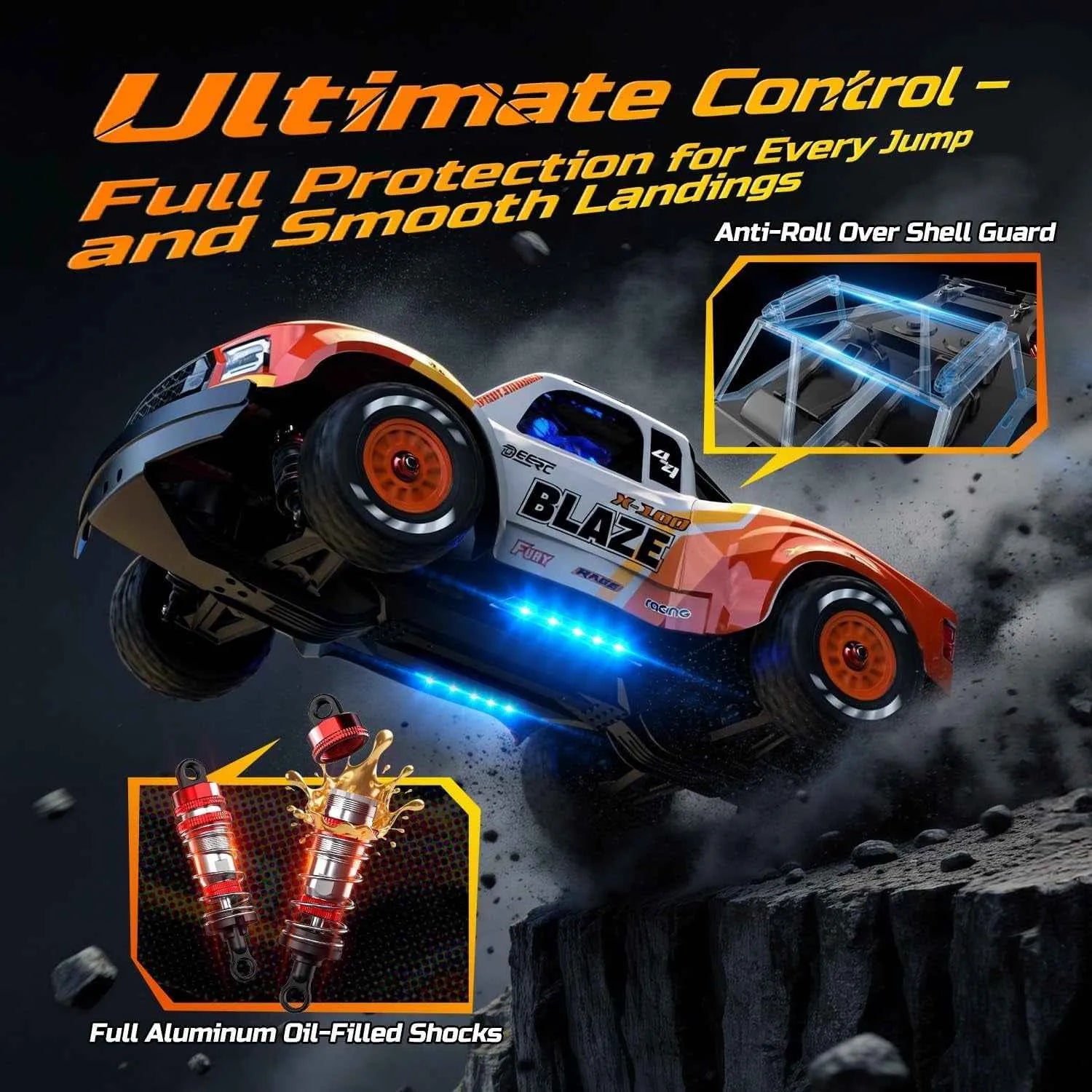 Short course truck with 'Blaze' branding on a dark background with text about control and protection.