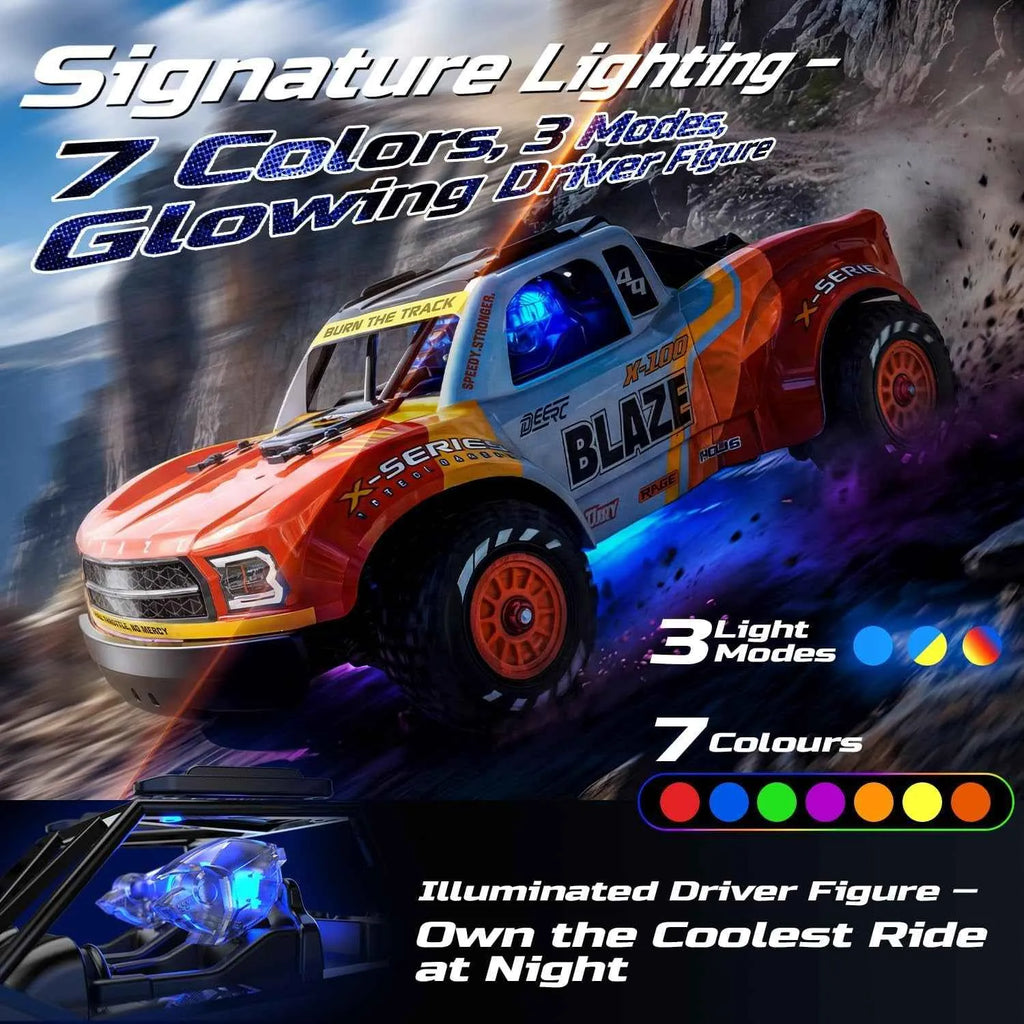 Short course truck with glowing driver figure and colorful lighting effects on a dark background