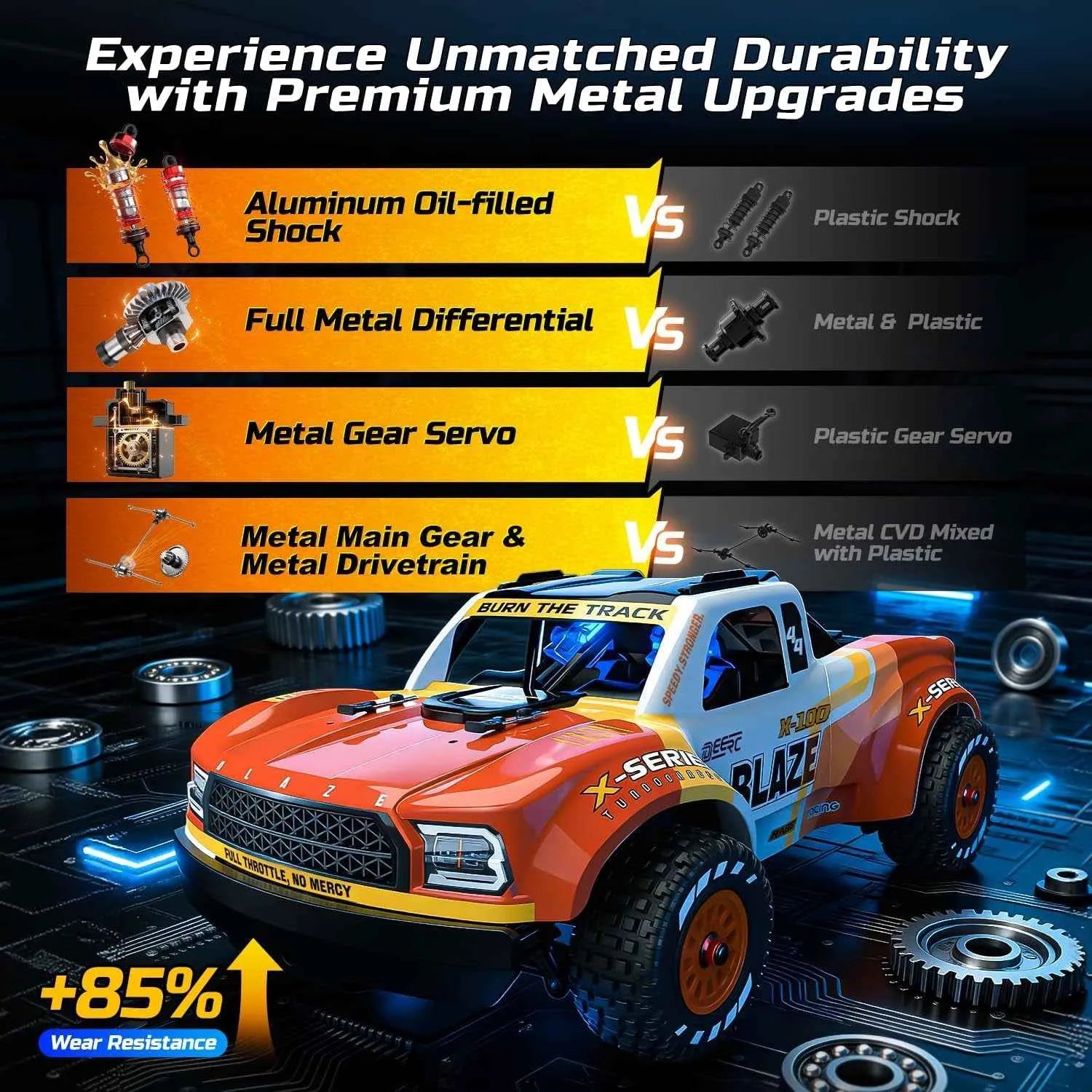 Short course truck with metal upgrades compared to plastic alternatives on a dark background