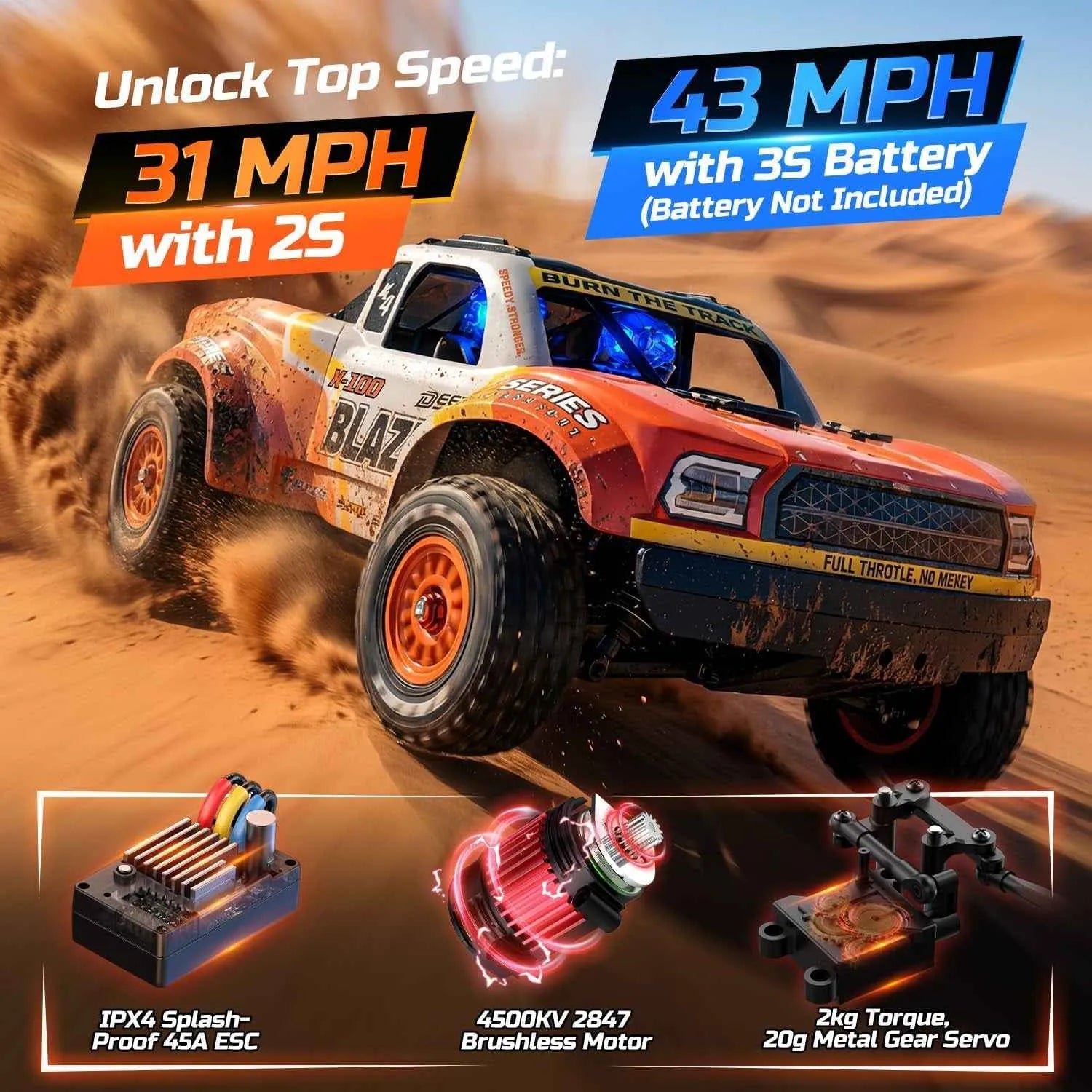 Short course truck with speed specifications and components on a desert background