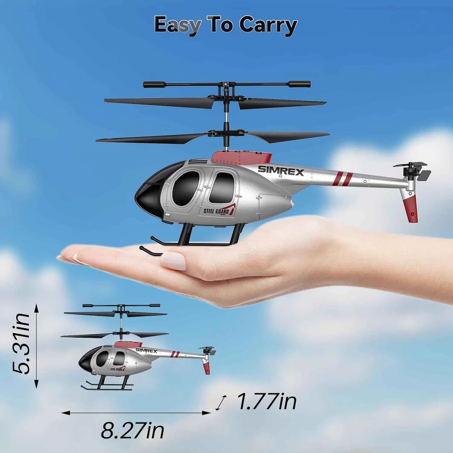Simrex RC helicopter model held in a hand with measurements against a blue sky background