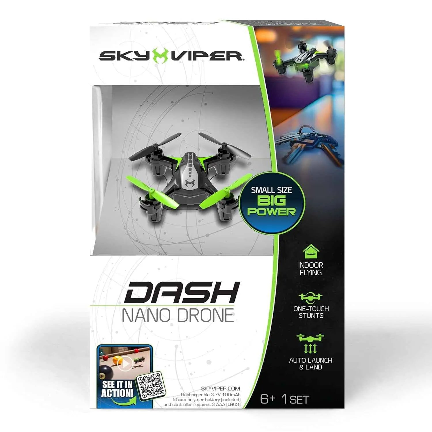 Sky Viper Dash Nano RC Drone packaging with drone images and features on a white background